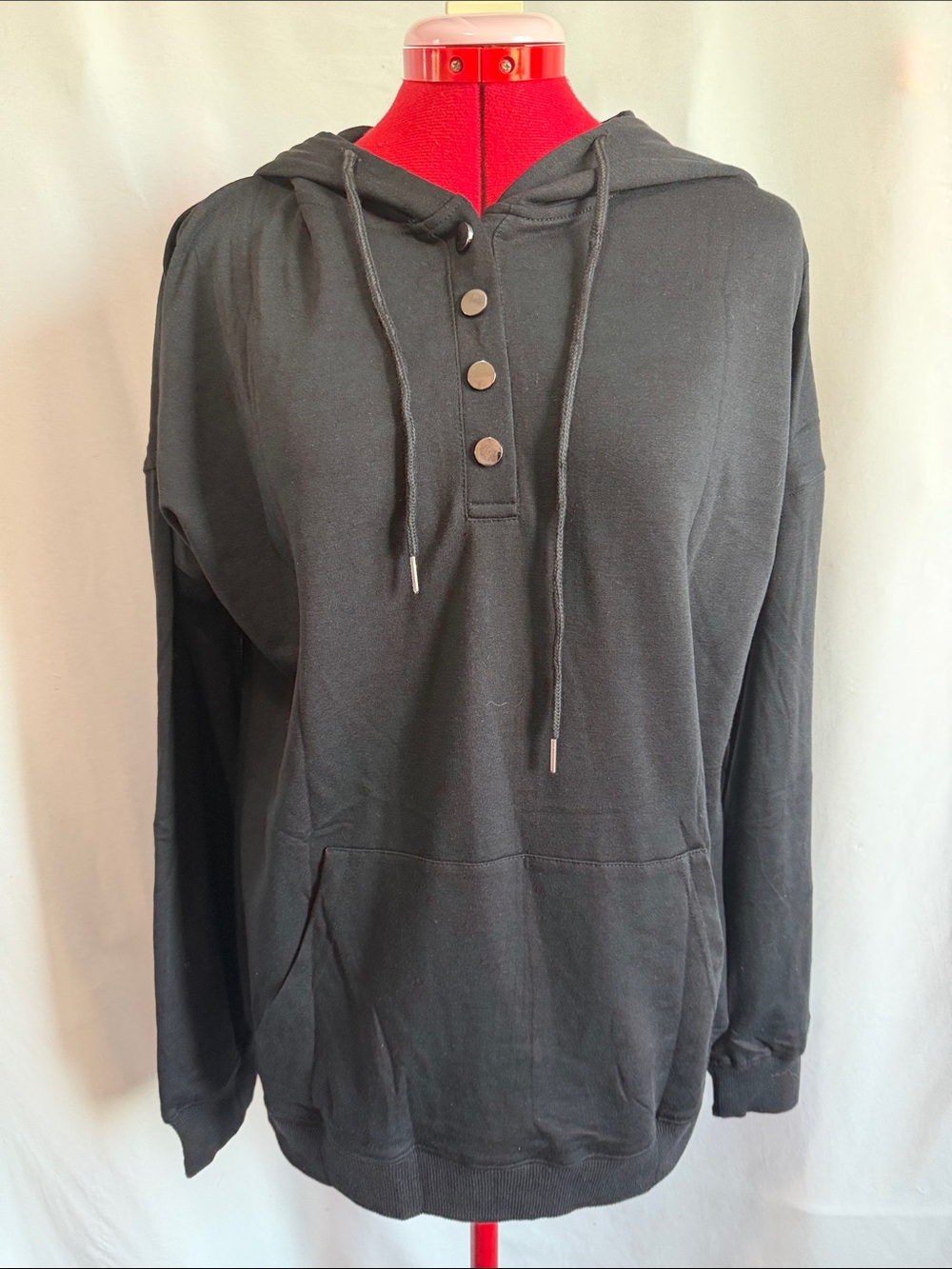 Women's Black Hooded Button Henley Sweatshirt